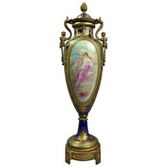 Antique French Sevres Porcelain Pictorial Pedestal Lidded Urn, 19th Century