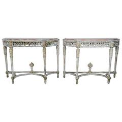 Pair of Louis XVI Style Painted Consoles with Marble Tops 10