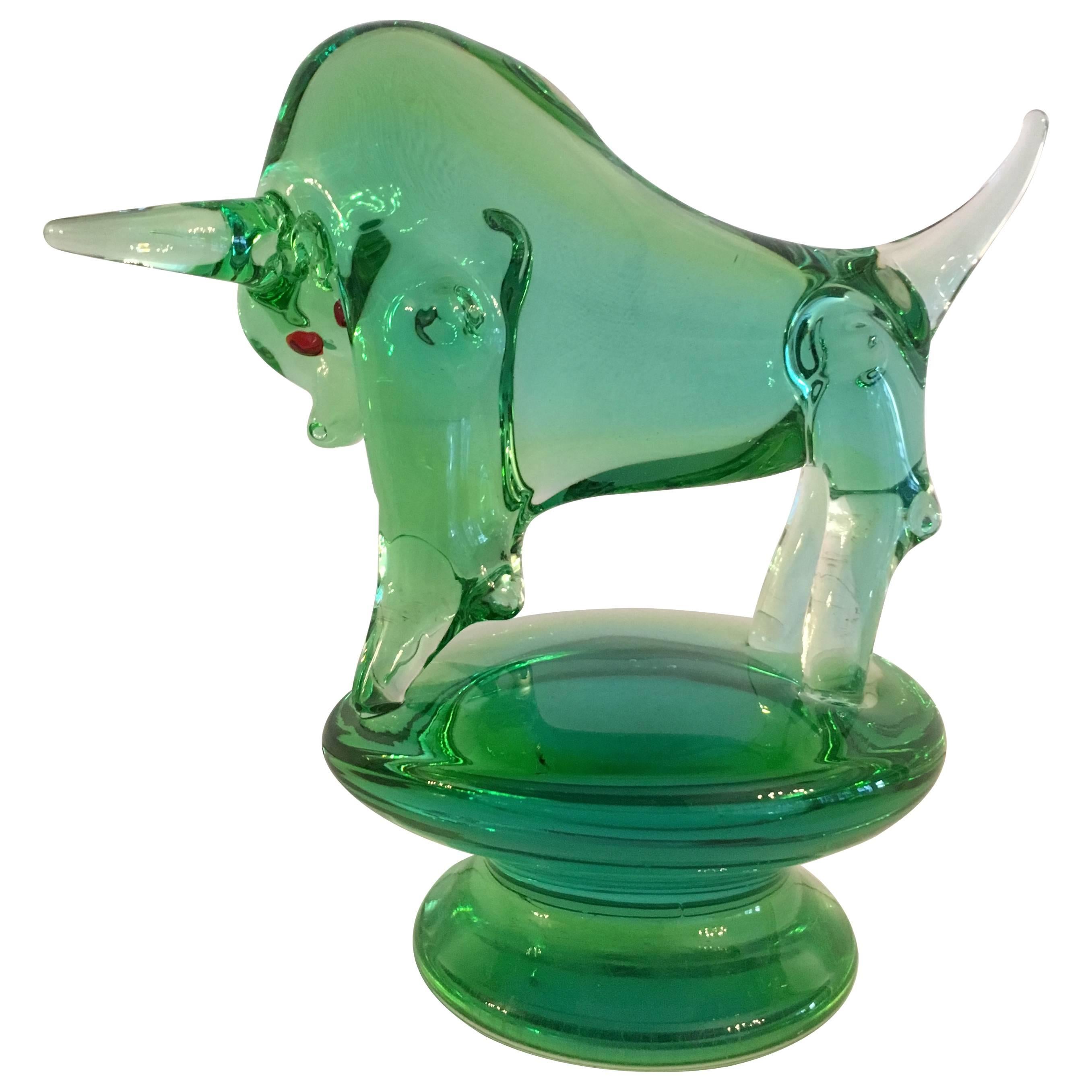 Italian Green Murano Bull Glass Sculpture on Stand