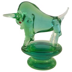 Italian Green Murano Bull Glass Sculpture on Stand