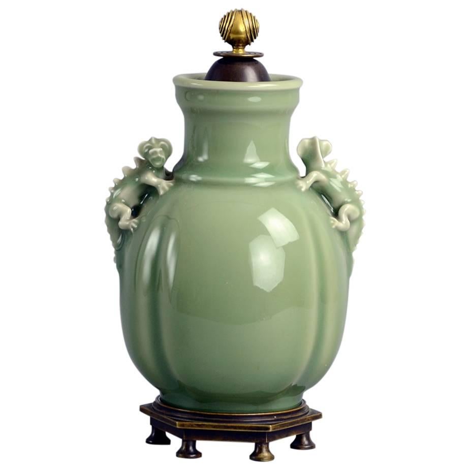 Ceramic Jar with Celadon Glaze, Bronze Lid and Foot, by Bode Willumsen 1930s For Sale