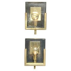Pair of Italian Solid Murano Glass Block and Brass Sconces 4