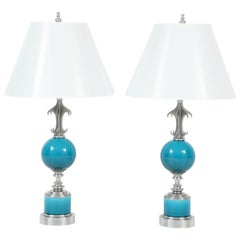 Pair of Blue Ceramic and Nickel-Plated Metal Table Lamps