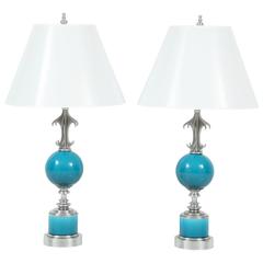 Pair of Blue Ceramic and Nickel-Plated Metal Table Lamps 8