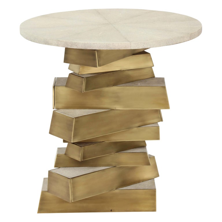 Shagreen and Brass Side Table, Designed with Drawers, Contemporary, Cream Color For Sale