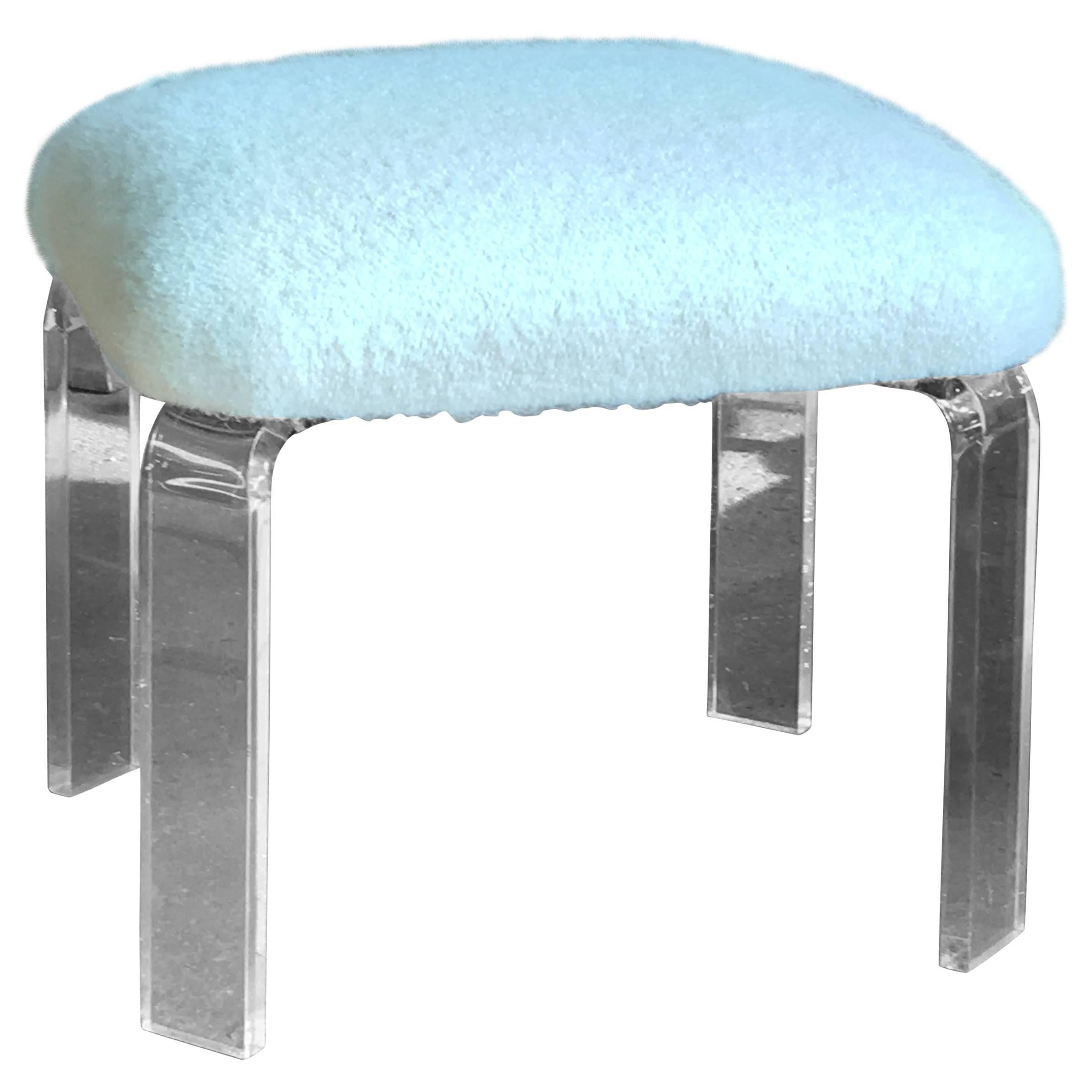 Lucite Ottoman with Natural White Alpaca Boucle Upholstery