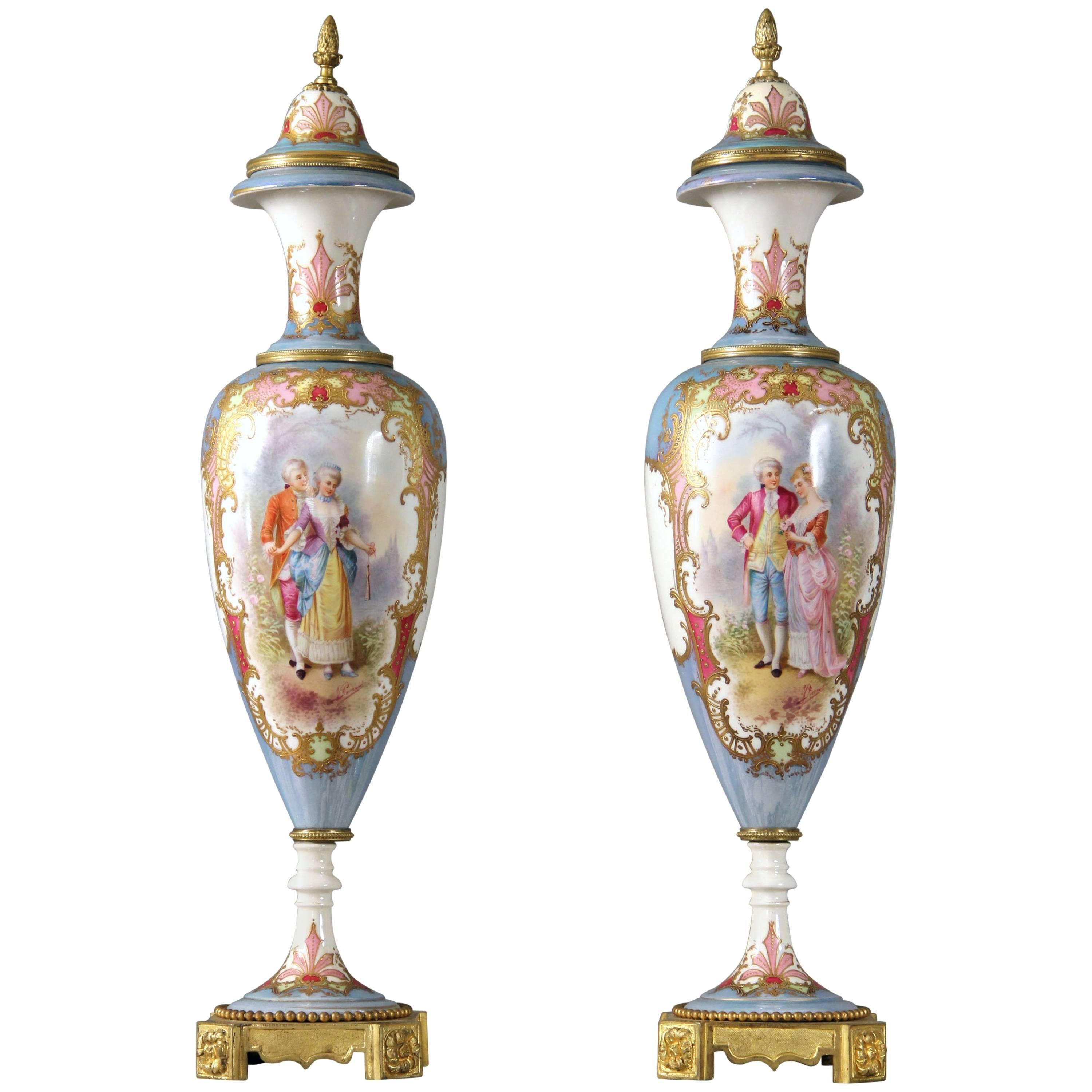 Pair of Late 19th Century Bronze-Mounted Sèvres Style Iridescent Vases For Sale