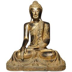 Antique Carved Tibetan Buddha Statue Wood Gilt Buddhism, 1930