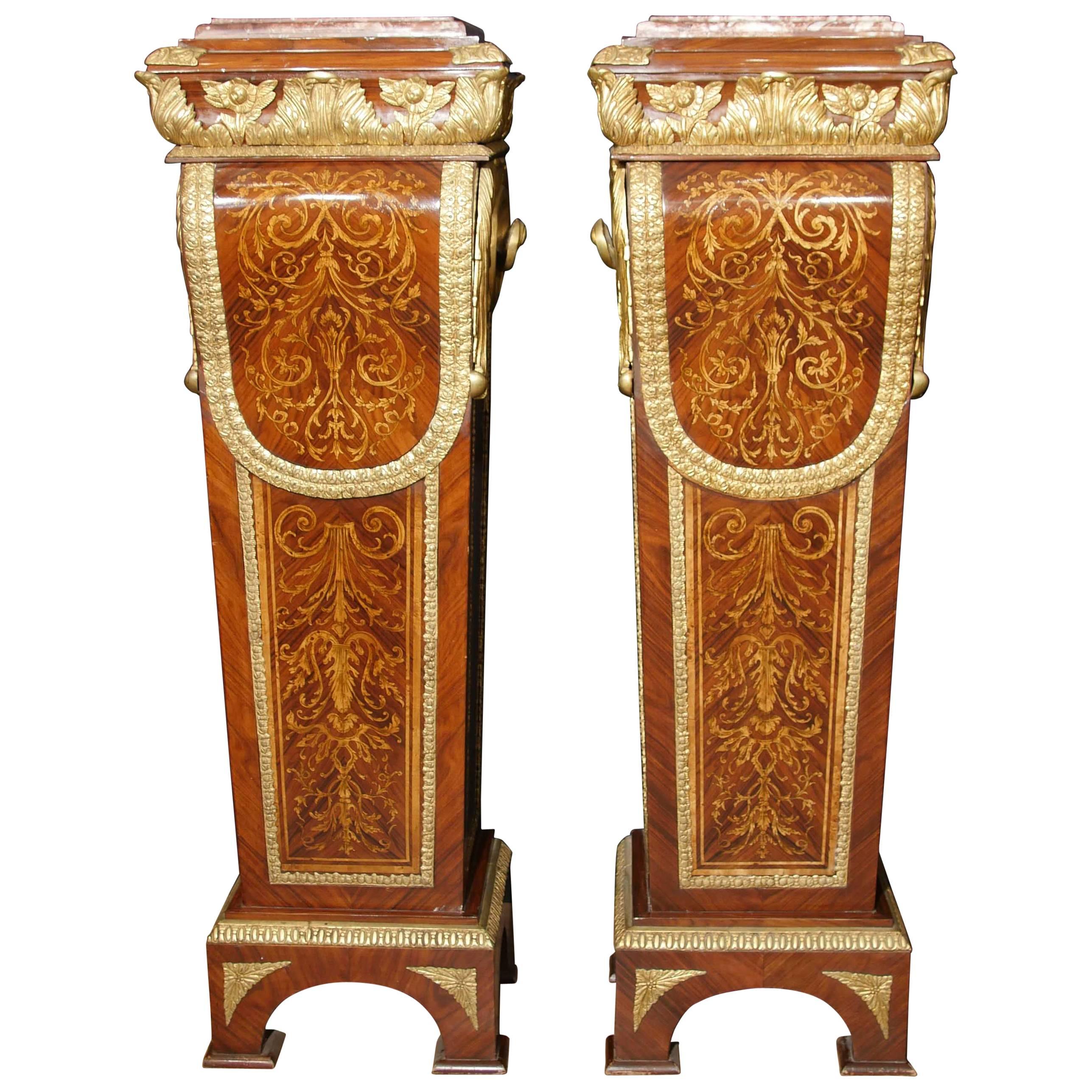 Pair of French Empire Kingwood Pedestal Table Stands Marquetry Inlay For Sale
