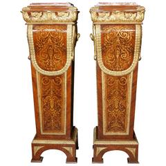 Pair of French Empire Kingwood Pedestal Table Stands Marquetry Inlay