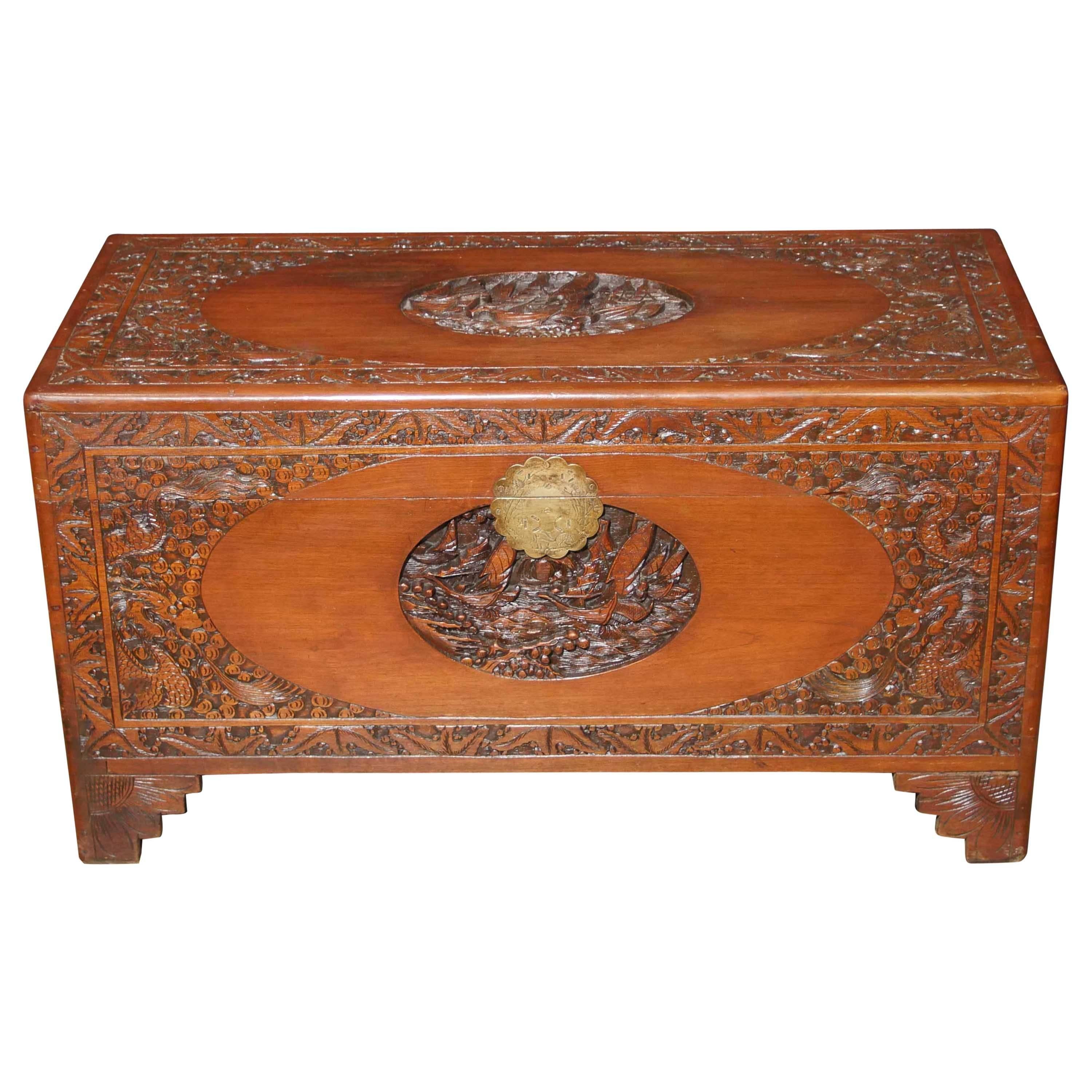 Antique Chinese Carved Camphor Wood Chest Luggage Trunk Table For Sale
