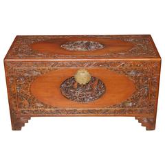 Antique Chinese Carved Camphor Wood Chest Luggage Trunk Table