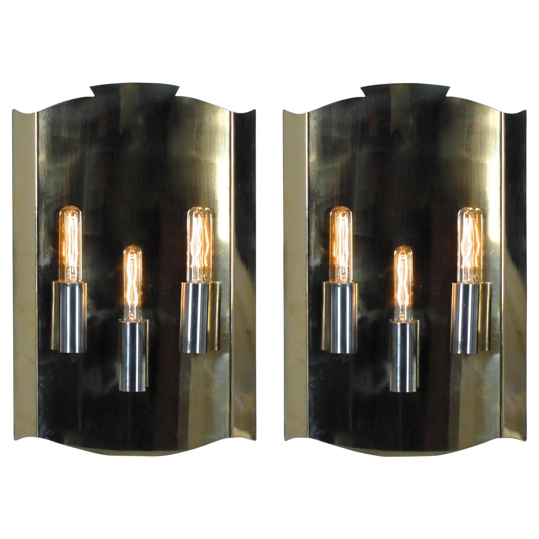 Sconce Pair shield in Brass and Aluminium Norway Scandinavia Late 1940s For Sale