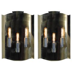 Sconce Pair shield in Brass and Aluminium Norway Scandinavia Late 1940s