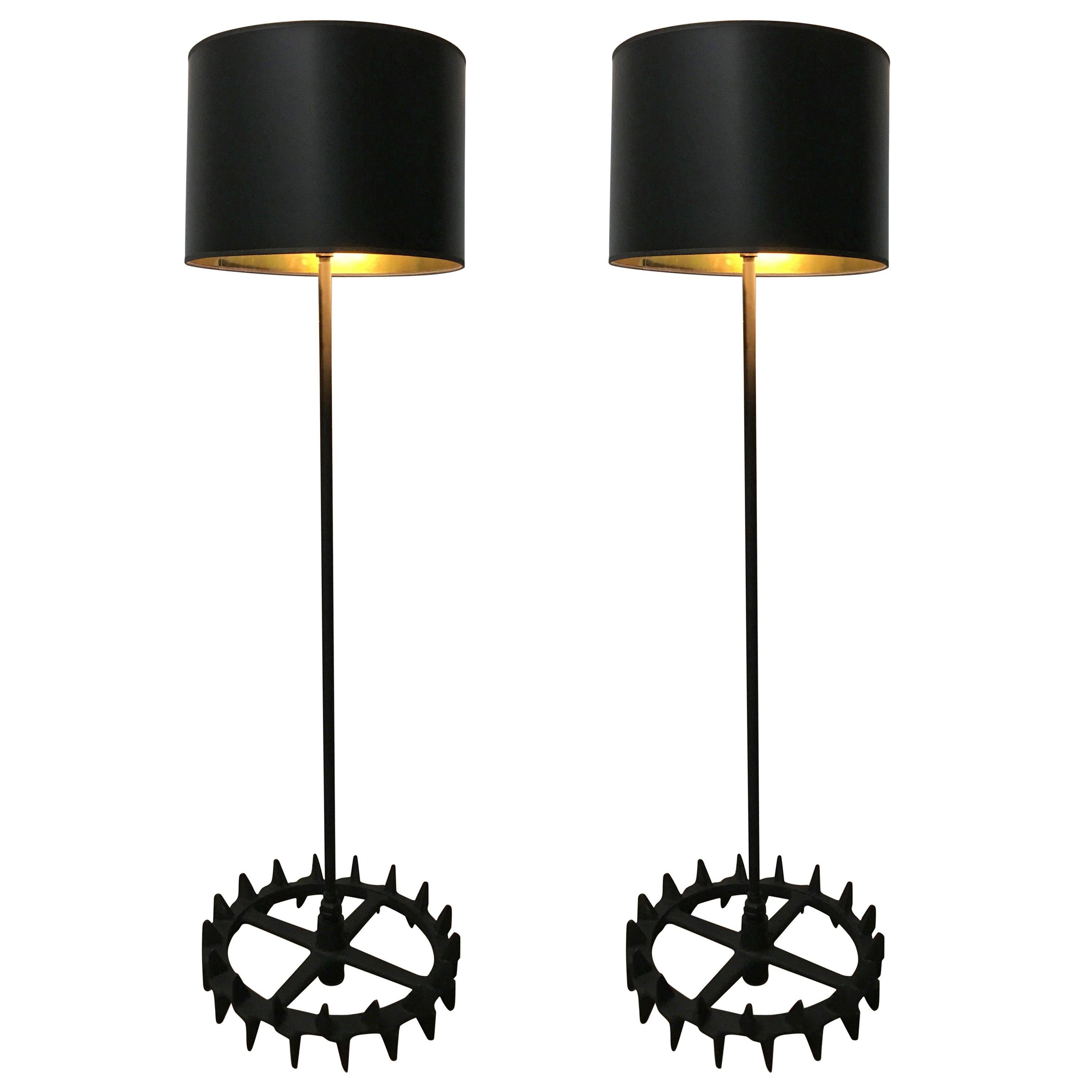 Pair of Industrial Iron Gear Floor Lamps For Sale