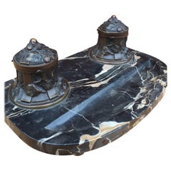 Raro calamaio da tavolo Andre Villien Paris Art Nouveau di qualità in bronzo e marmo