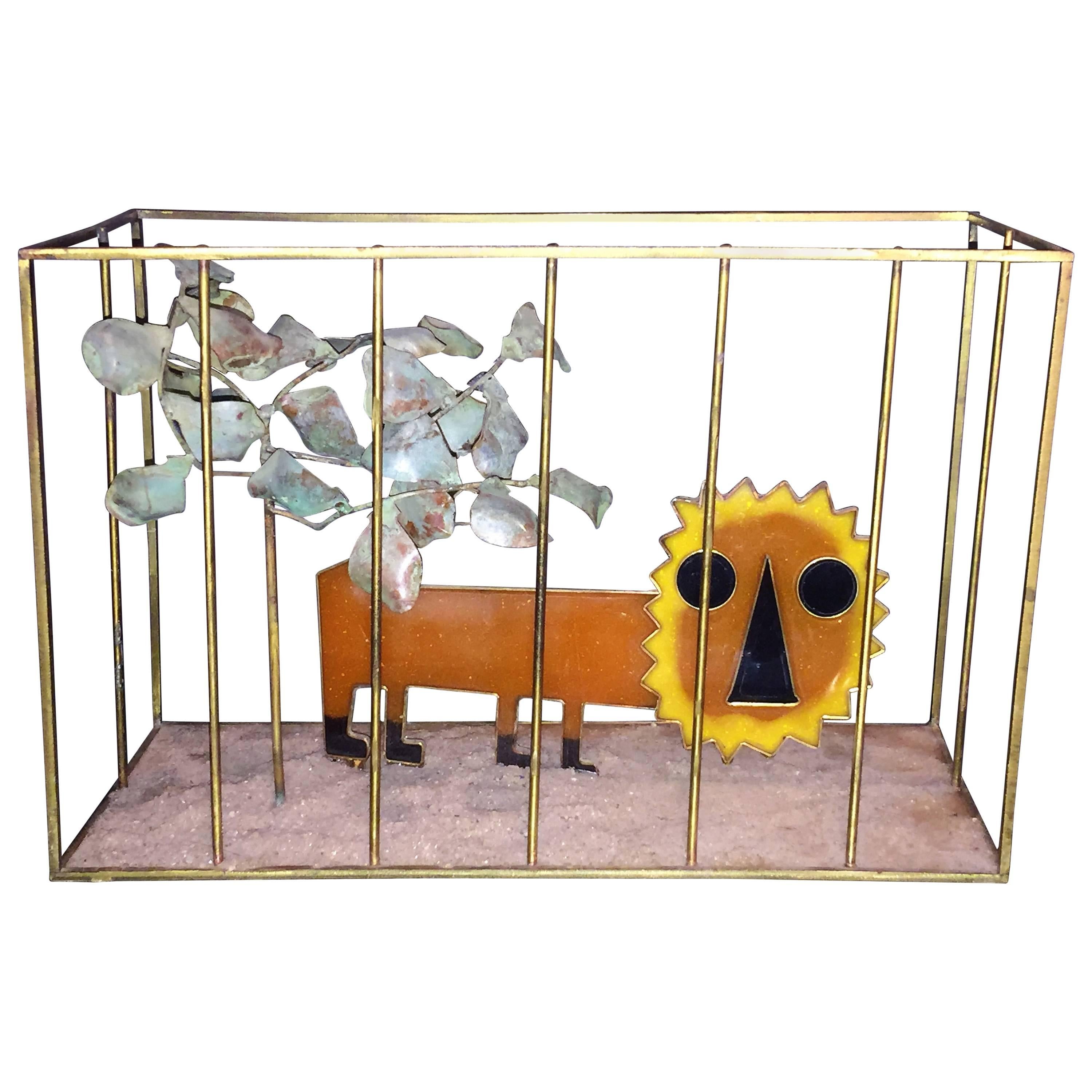 Animated Curtis Jere Modernist Pop Orange Resin Lion in Brass Cage Sculpture For Sale