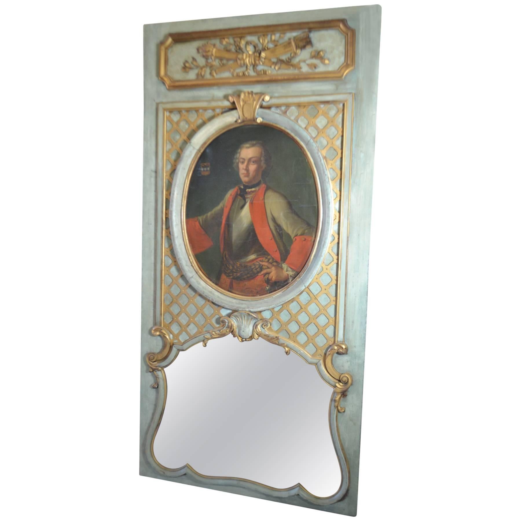 19th Century Parcel-Gilt and Painted Trumeau Mirror with 17th century portrait For Sale