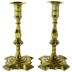 Unusual Pair of English Brass Queen Anne Candlesticks, circa 1765