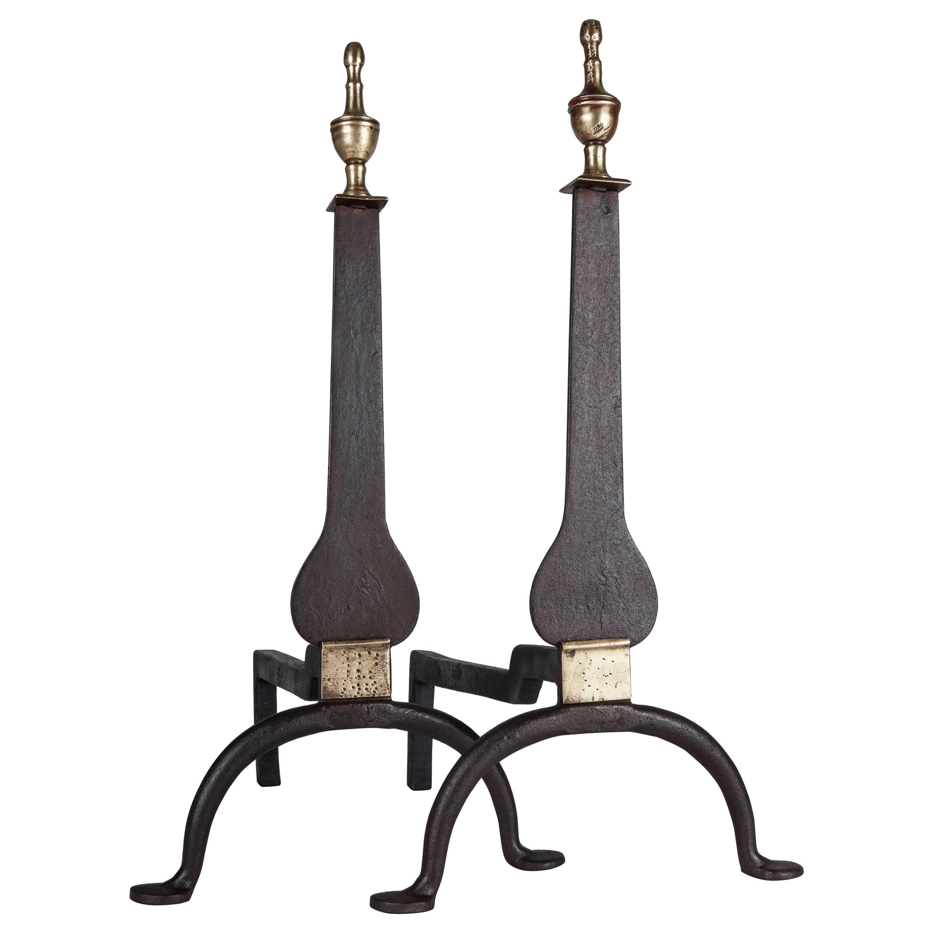 Brass and Blackened Wrought Iron Knife Blade Andirons, Circa 1900s