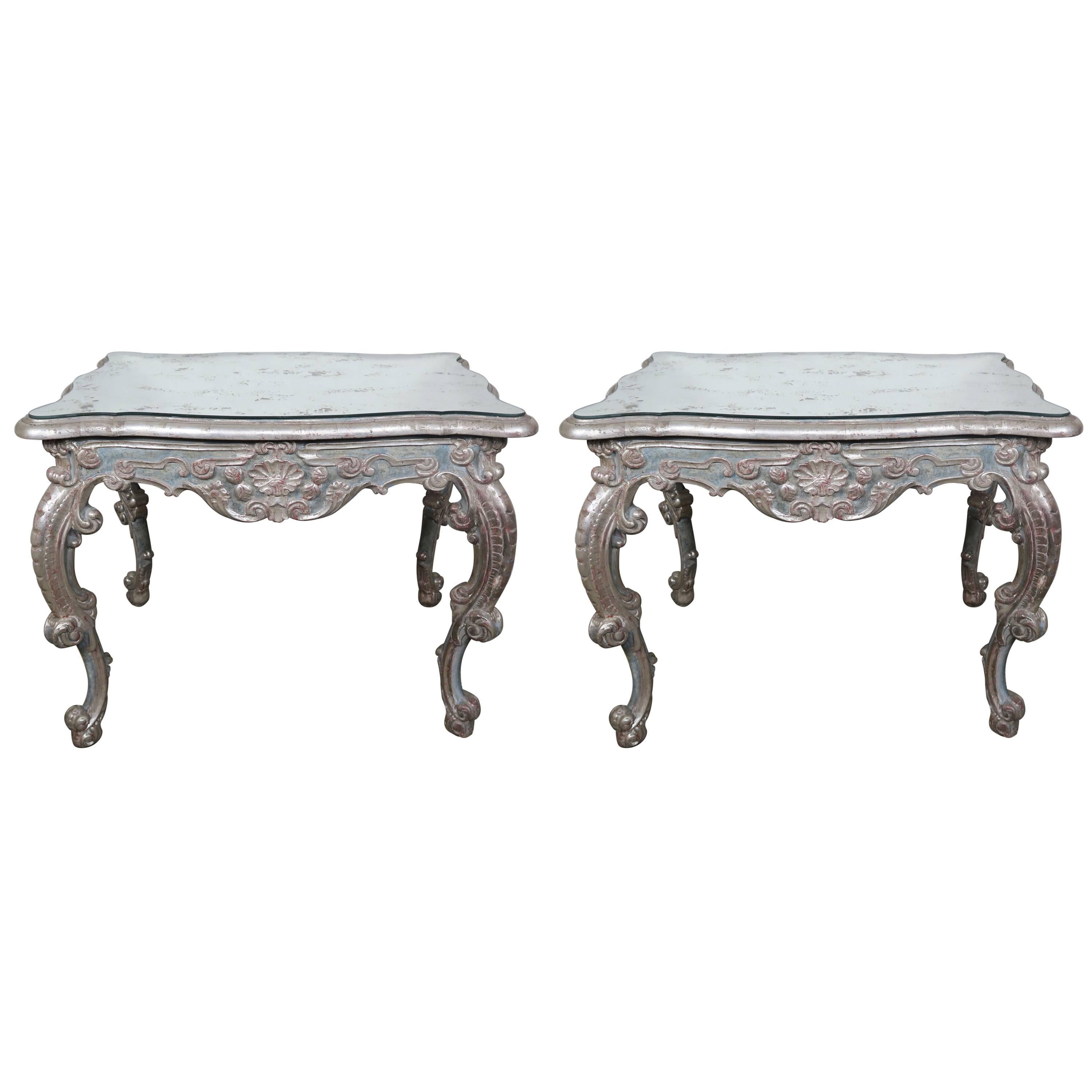 Pair of French Painted and Silver Gilt Tables with Mirrored Tops