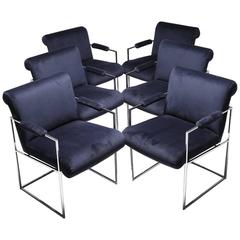 Used Milo Baughman chrome frame dining chairs with velvet seat, Thayer Coggin 1970s.