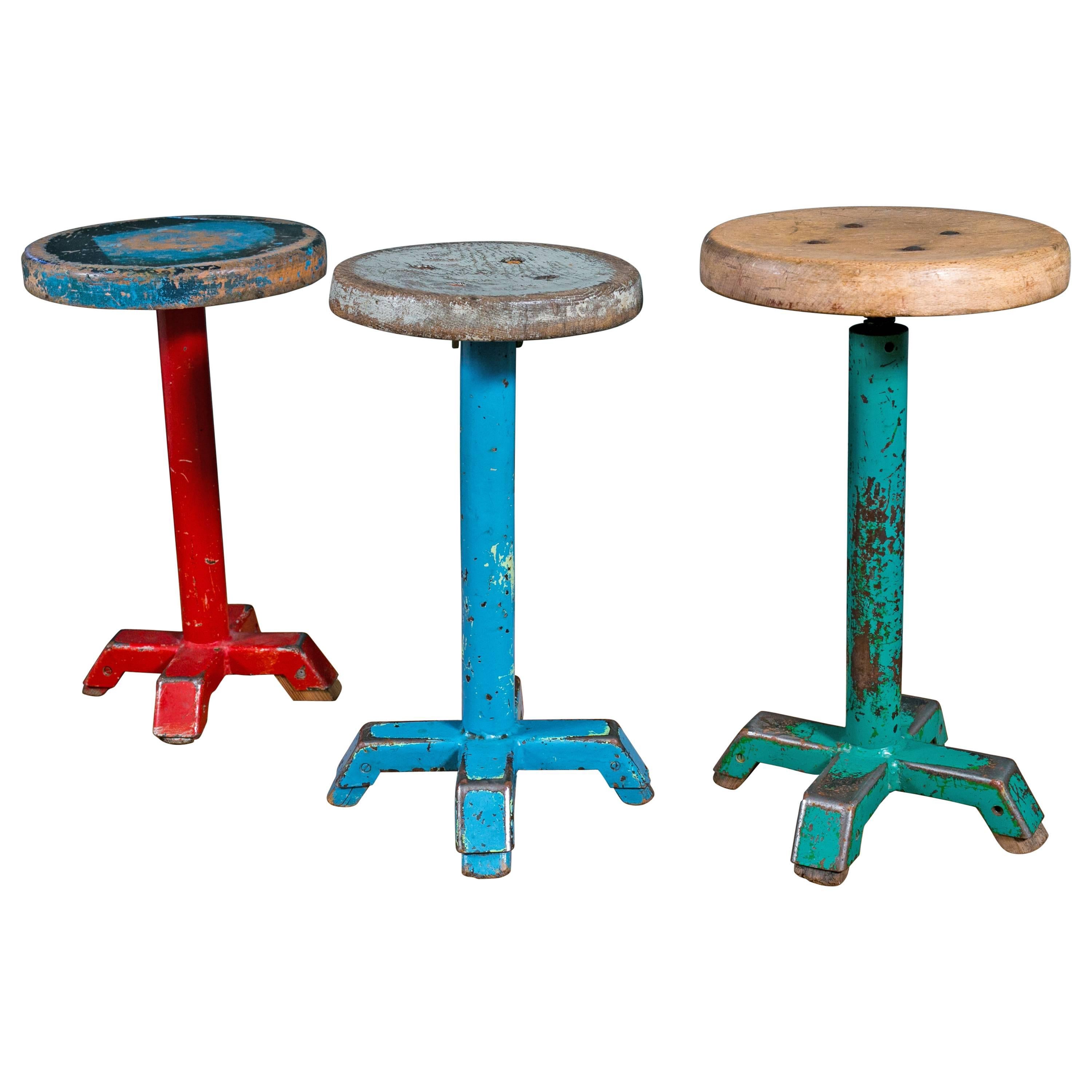 Vintage Painted  Blue Wood and Iron Stool from Belgium, circa 1950