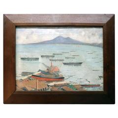 Oil on Canvas China Trade Style Painting Shipbuilding Bay of Naples, circa 1890 Oil on Canvas China Trade Style Painting Shipbuilding Bay of Naples, circa 1890