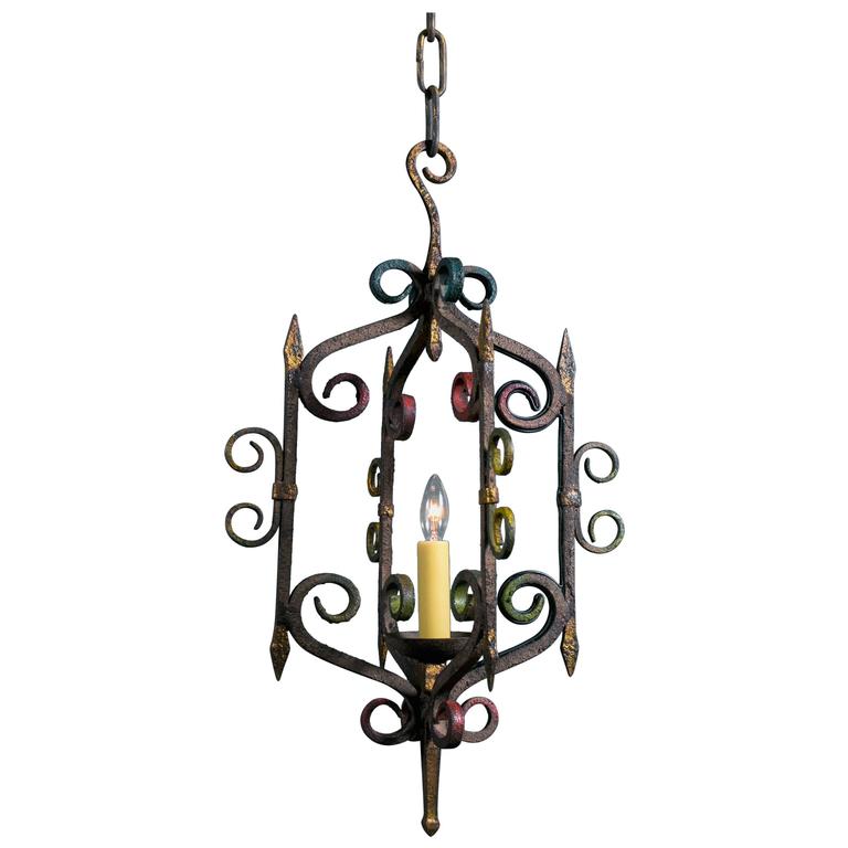 Vintage Spanish Polychrome Wrought Iron Pendant at 1stdibs