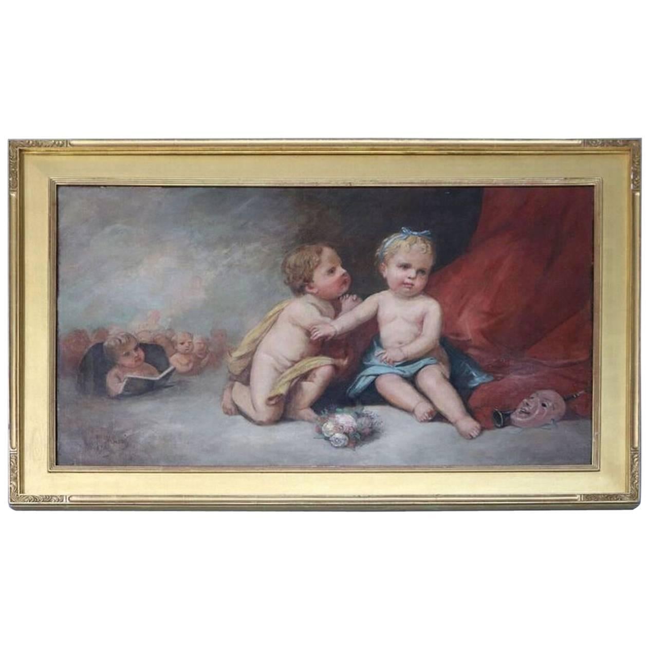 Large French Oil on Canvas of Classical Cherubs by Emmanuel Masse, 1873