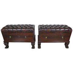 Pair of English Leather Tufted Benches/Chests on Paw Feet