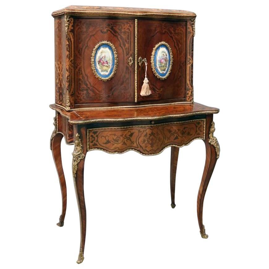French Mahogany Bonheur Du Jour Lady's Desk with Marquetry & Sevres Plaques