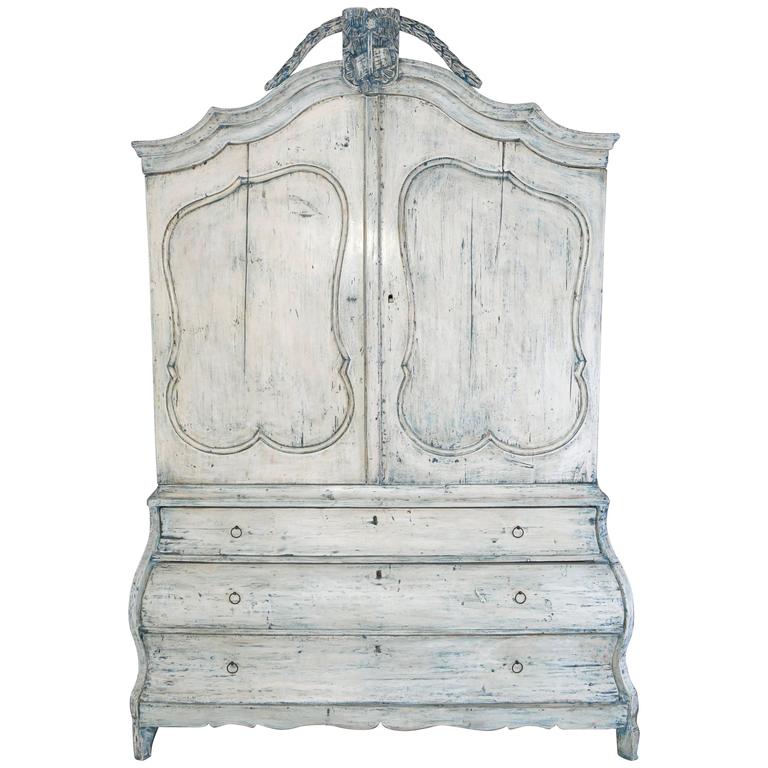 Antique Dutch Painted Country Bombe Linen Press Cabinet For Sale