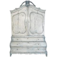 Antique Dutch Painted Country Bombe Linen Press Cabinet