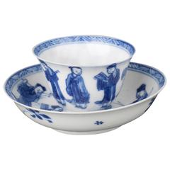 Antique Chinese Porcelain Blue and White Miniature Tea Bowl and Saucer, 17th Century