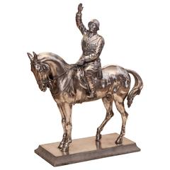 Italienische Silber-Reiterstatuette von Benito Mussolini