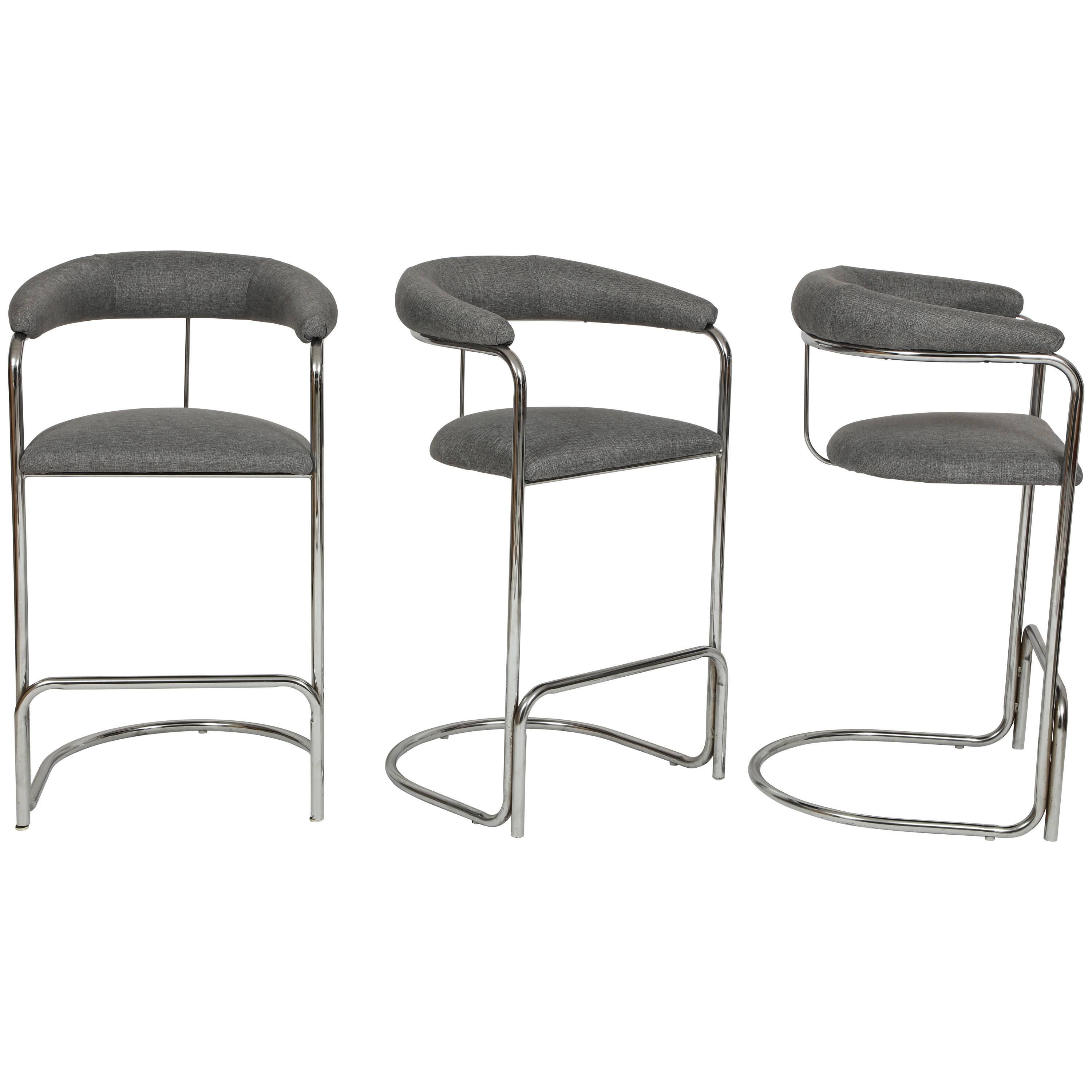 Vintage Grey Wool and Chrome Thonet Bar Stools, 1960s, Mid-Century