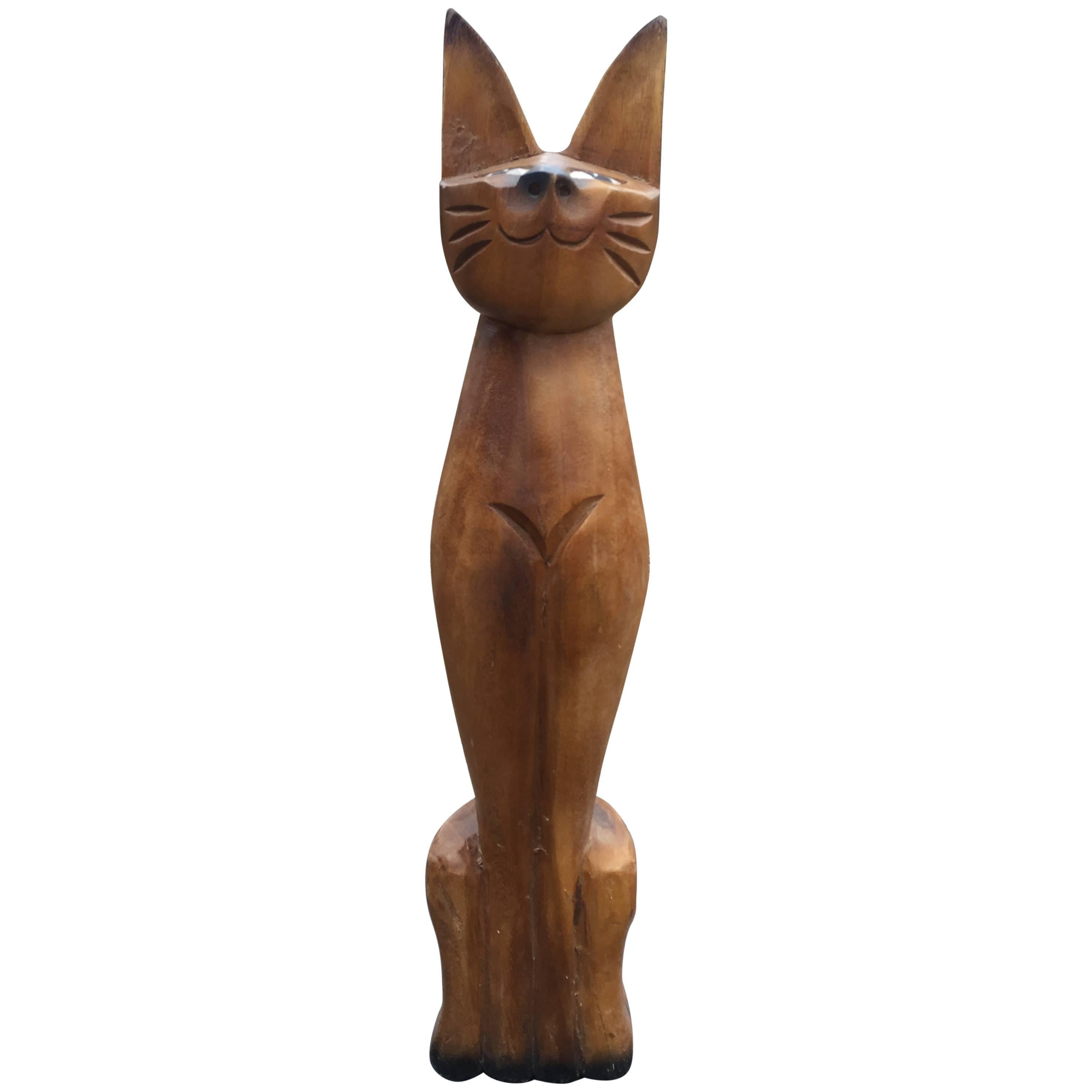 Old Siam Hand-Carved and Hand-Painted tall 24" high Wooden Cat