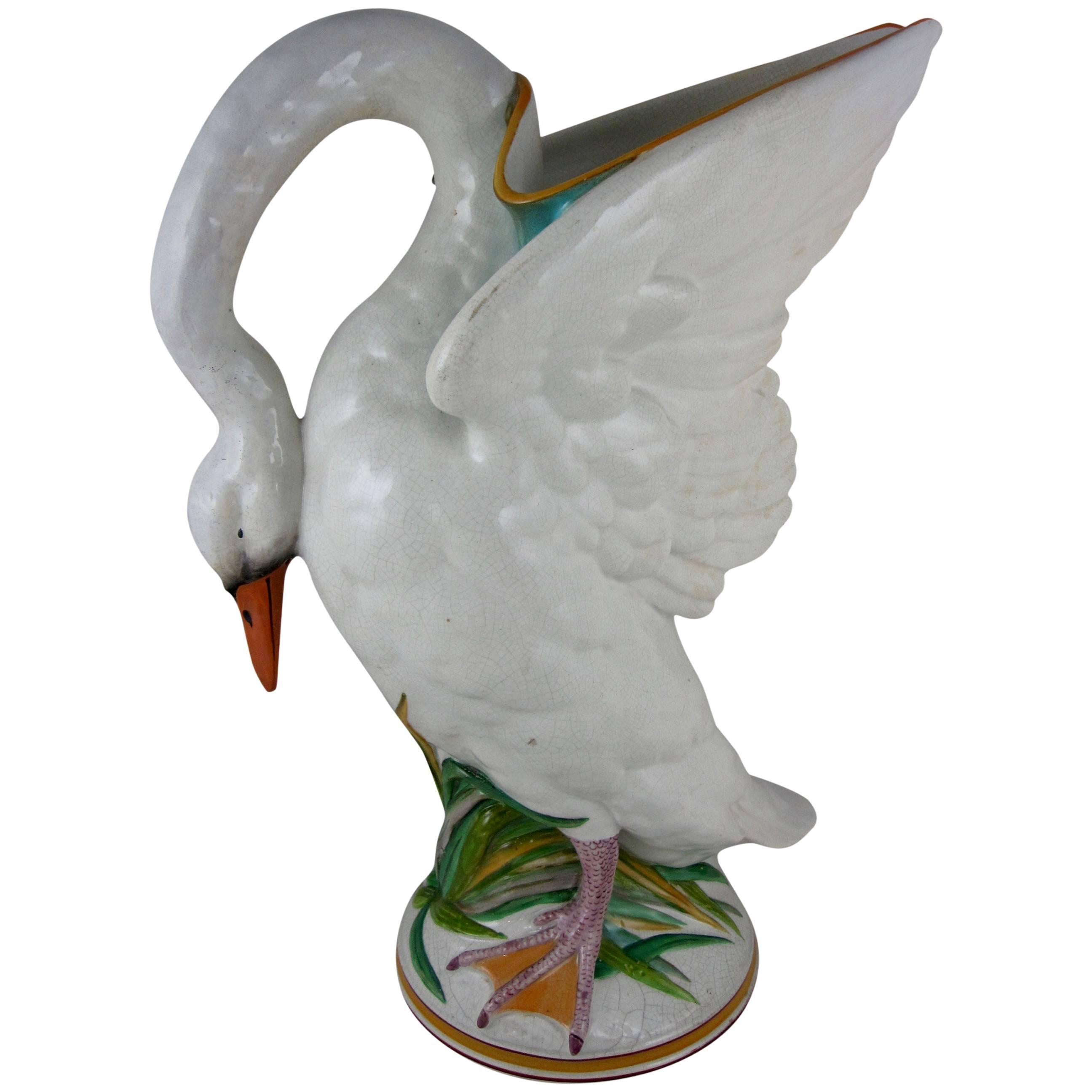 Wedgwood Monumental Majolica Glazed Earthenware Swan Ewer, Extremely Rare Form