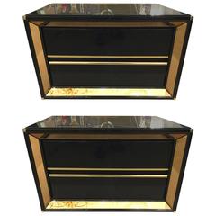 Pair of Side Tables in Black Lacquered and Amber Glass Detailings, circa 1965