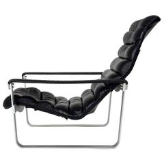 Black Leather Ilmari Lappalainen Adjustable Pulkka Lounge Chair, 1970s