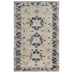 Vintage Hand Knotted Turkish Oushak With Medallion Design in Cream and Blue