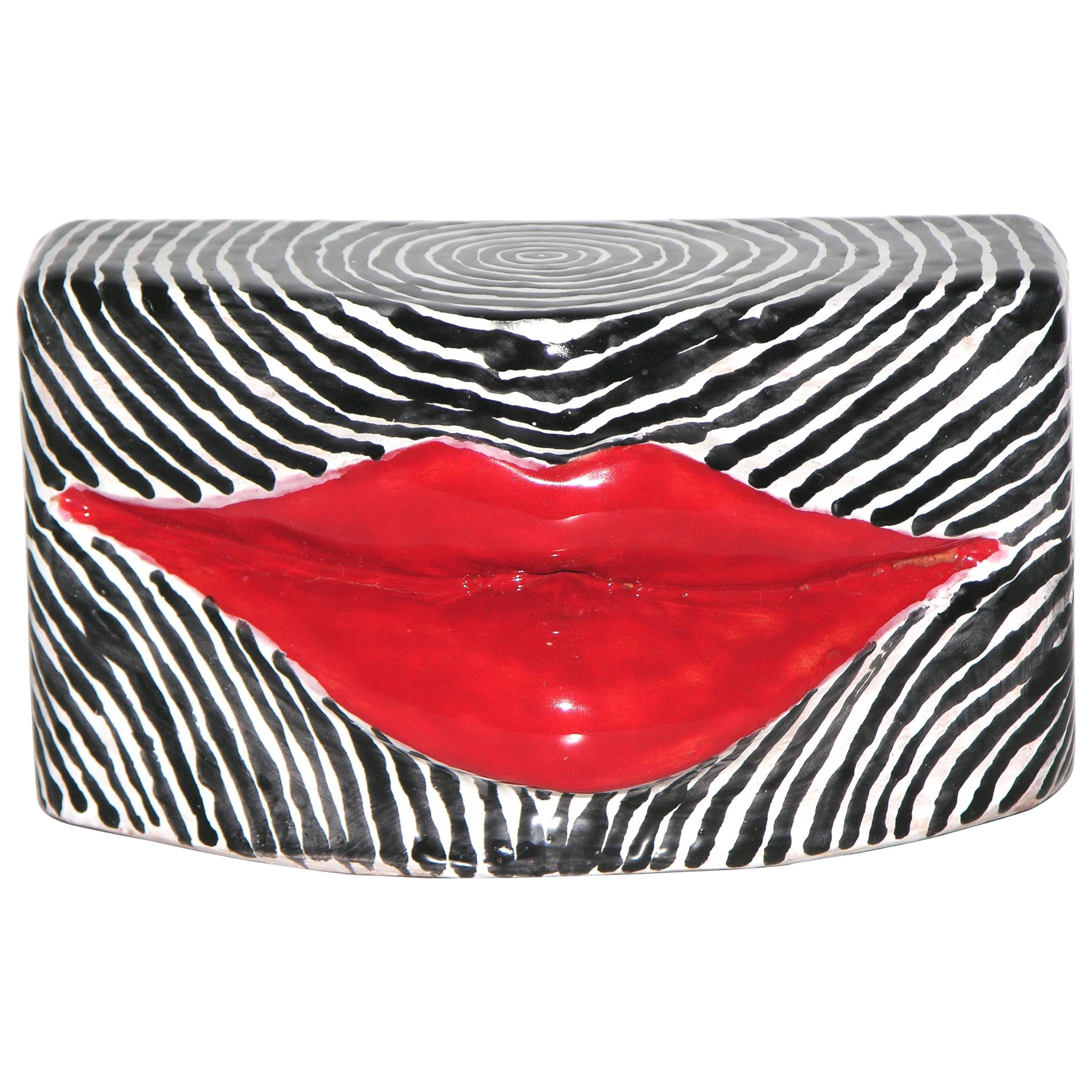 Red Lips, Black and White Enameled Terra-Cotta Kiss Sculpture