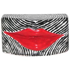 Red Lips, Black and White Enameled Terra-Cotta Kiss Sculpture