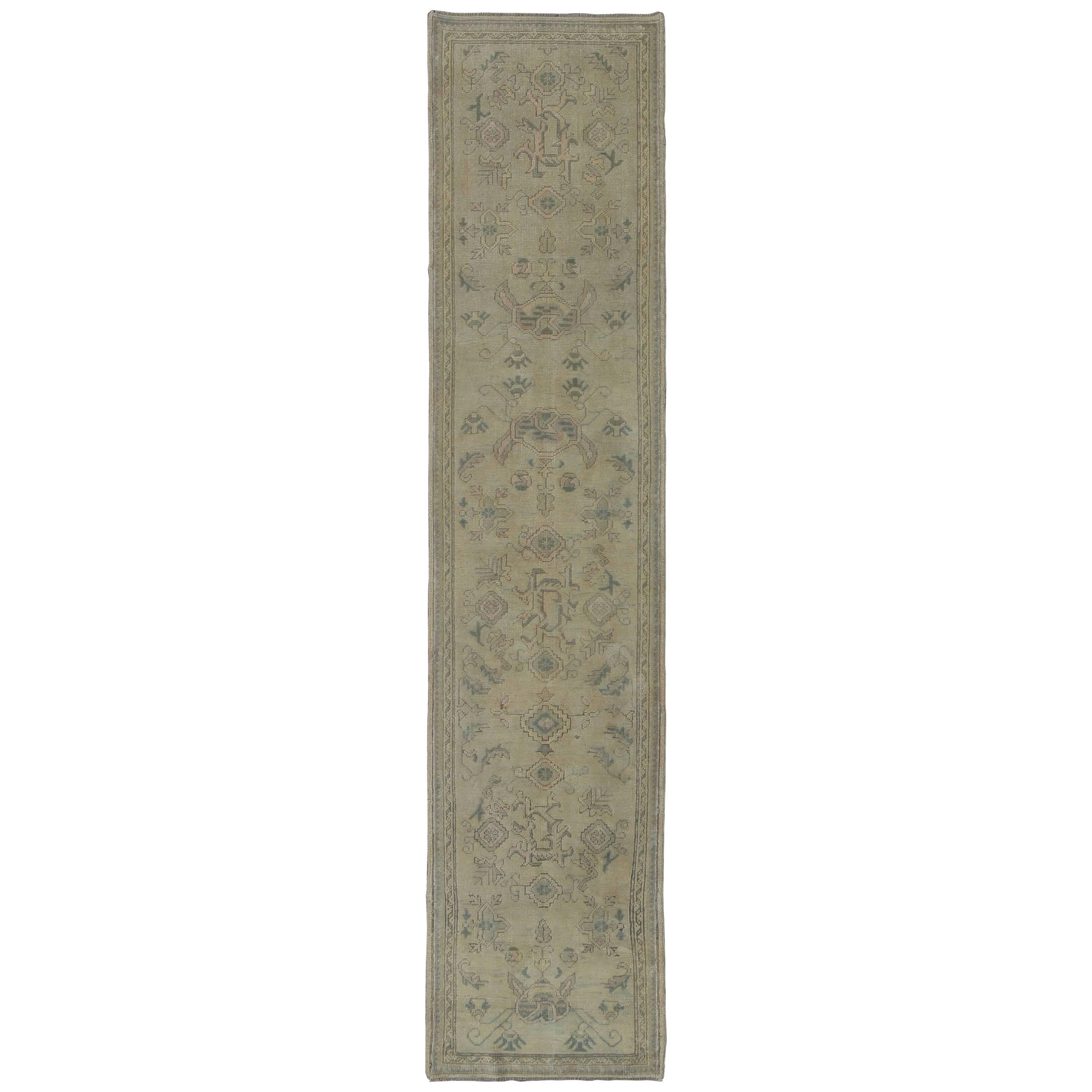 Antique Turkish Oushak Runner with All-Over Design with green and Blue Accents
