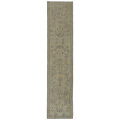 Vintage Turkish Oushak Runner with All-Over Design with green and Blue Accents