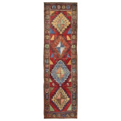 Hand Knotted Vintage Turkish Oushak Runner with Geometric Tribal Design