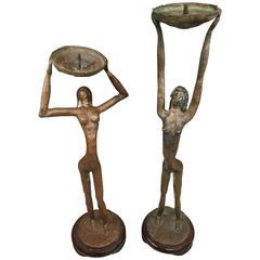 Pair of Mid-Century Bronze Figural Candlesticks
