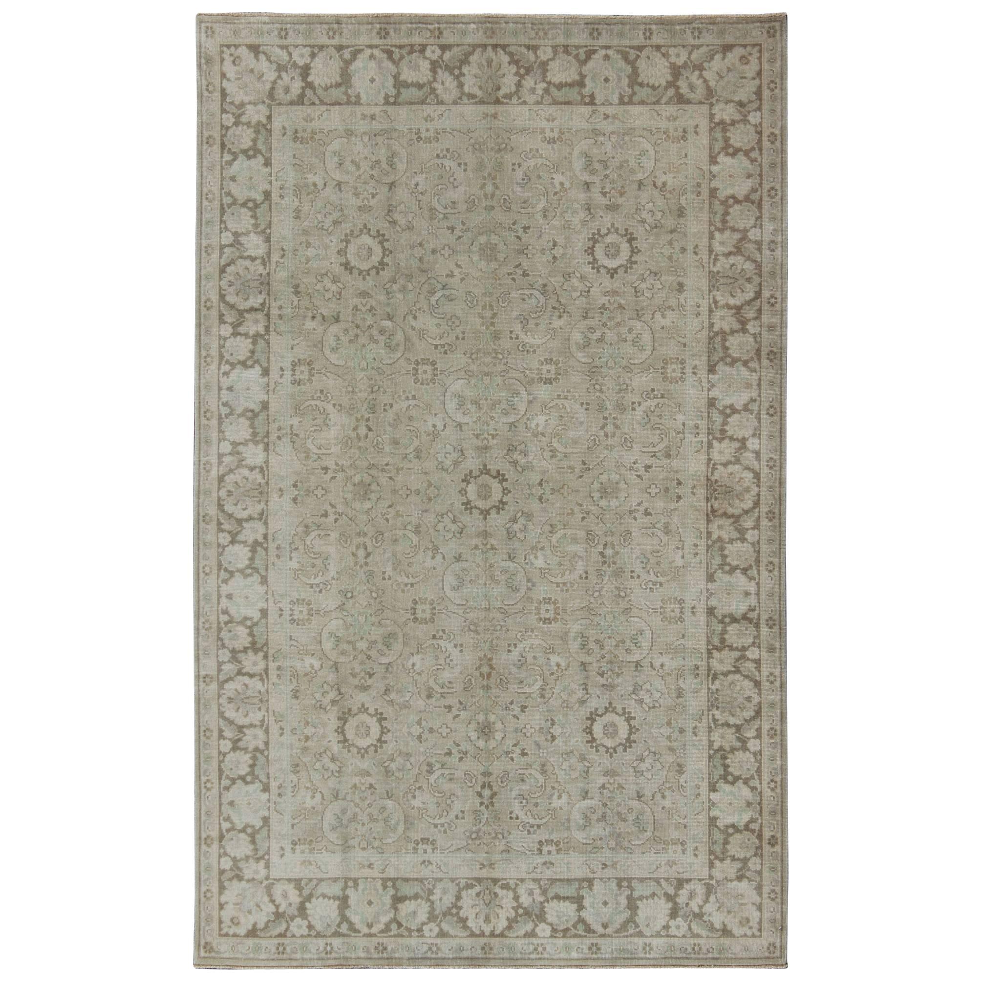 Vintage Earth Tone Oushak Rug in Sand Color Background With All-Over Design  For Sale