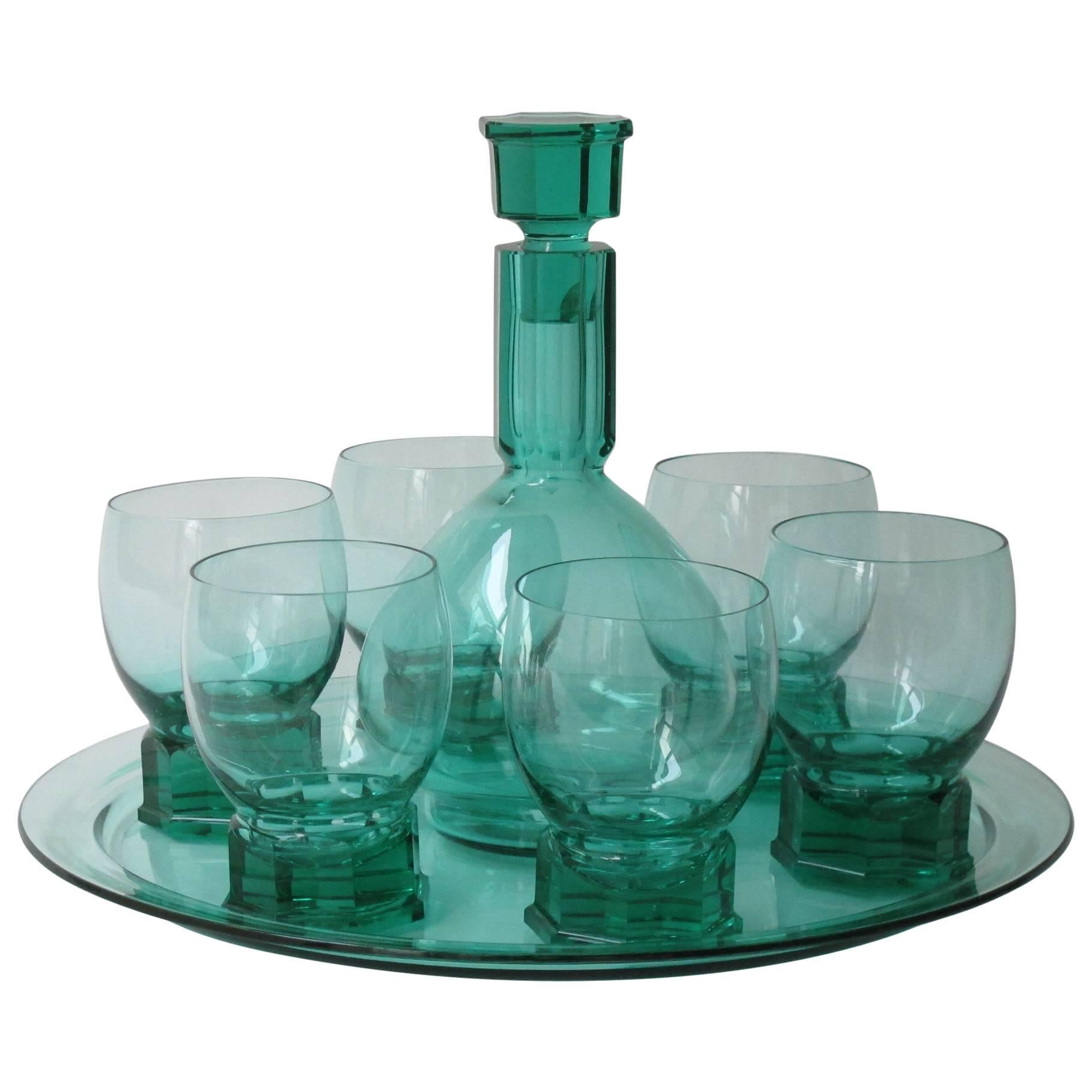 A.D. Copier, Sea-Green Whisky Carafe Set, Glasfabriek Leerdam, 1927 For Sale